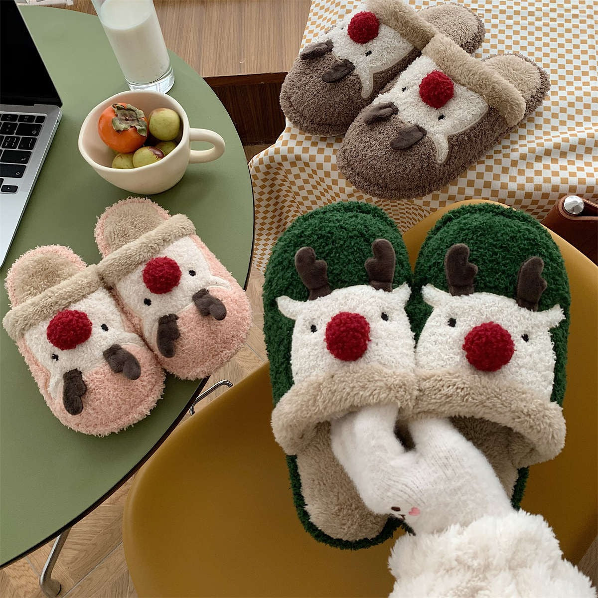 Festive Reindeer Plush Slippers