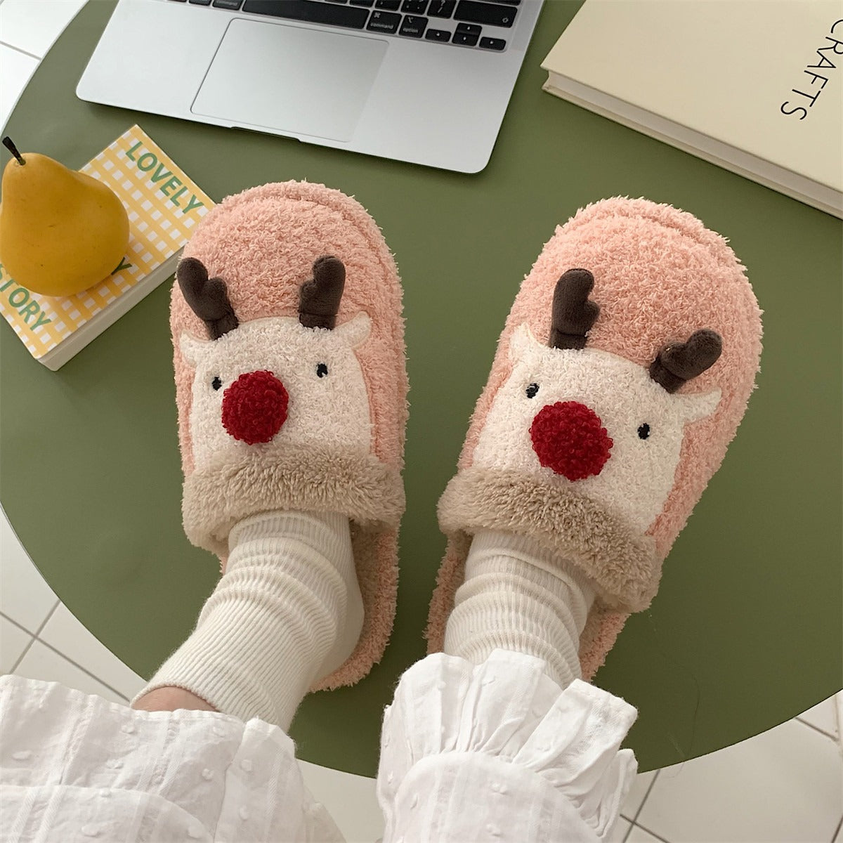 Festive Reindeer Plush Slippers